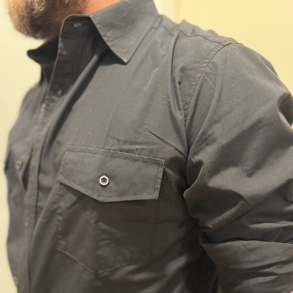 SAFARI SLEEVE!  (has button to stay rolled up) Black Dressy Casual Button Down - Picture 6 of 7